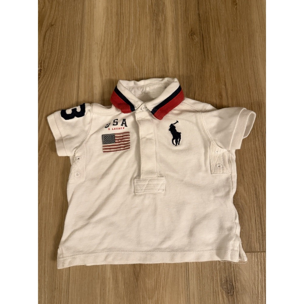 Ralph Lauren Baby Boy Shirt 6 Months White Rugby Polo Big Pony Flag Preppy